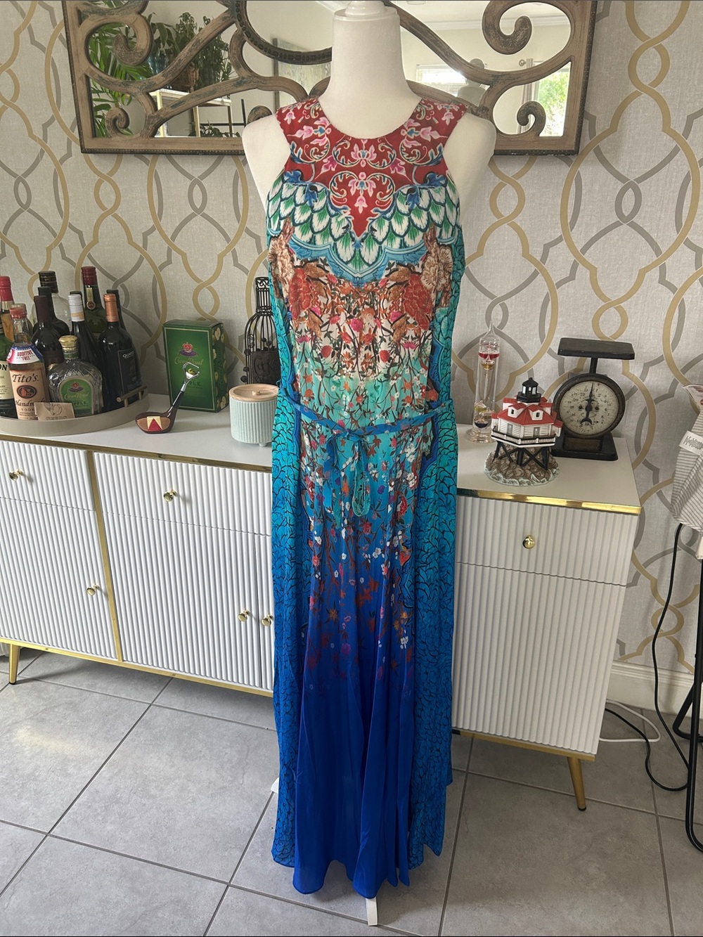 GOTTEX Silk Blue Multicolor Maxi cover up/dress with Floral & Feather Motif - Picture 2 of 12
